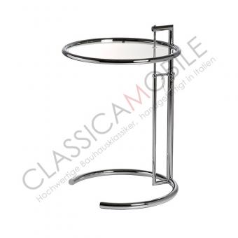 Beistell-Glas-Tisch Rund Stahlrohr Chrom höhenverstellbar adjustable glass table 
